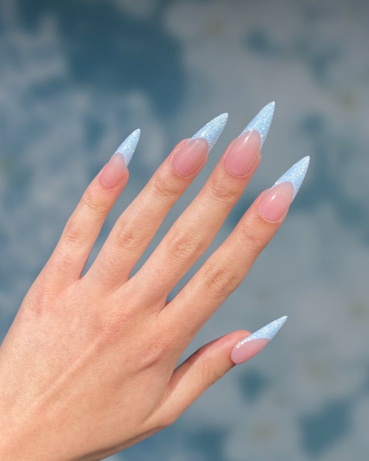 Glitter blue stiletto French tips