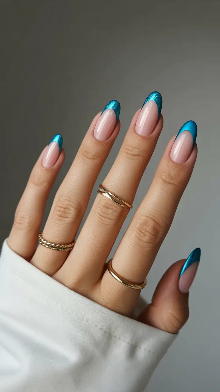 Royal blue harlequin French tips with gold accents on almond nails