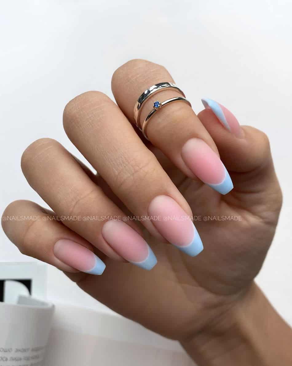 Soft blue ombre French tips on coffin nails