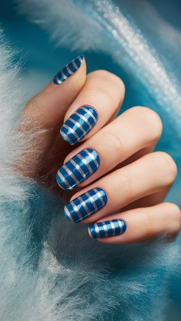 Blue and silver striped nails, festive and playful