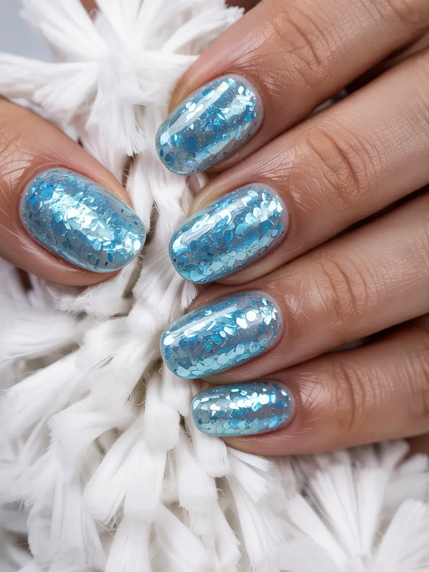 Sparkling blue sequin nails on short, rounded nails