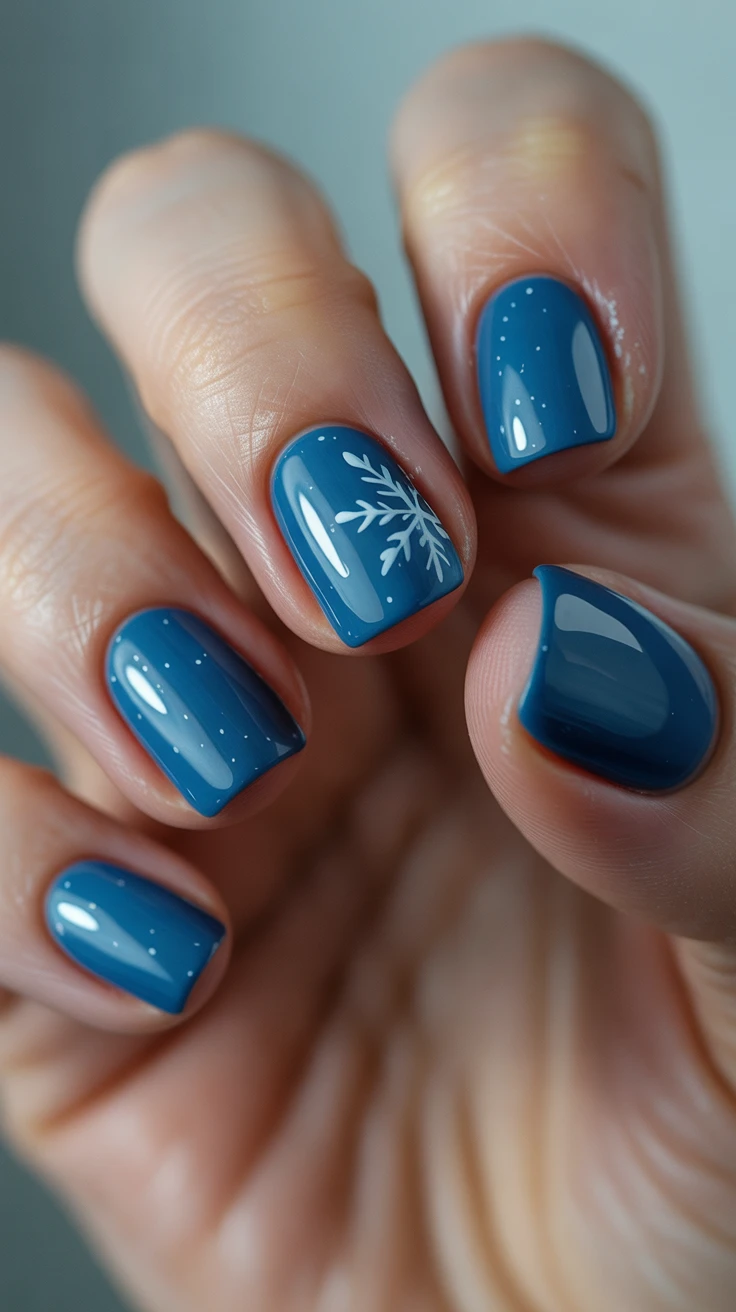 Short square nails with blue snowflake design