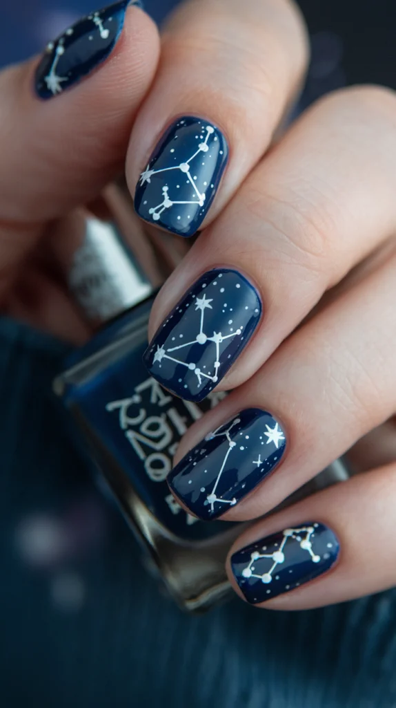 Navy nails with white constellation art