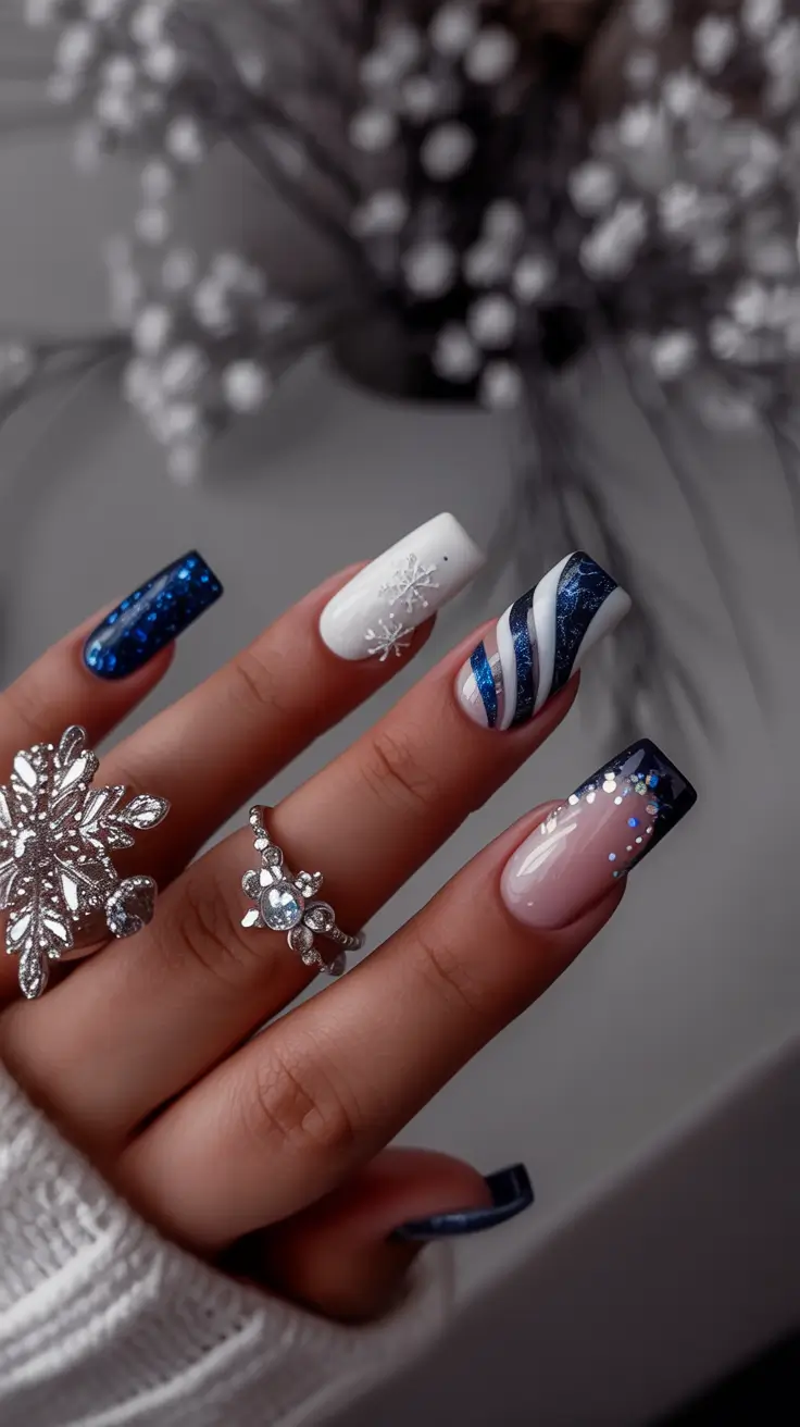 Blue and white snowflake nail art with glitter
