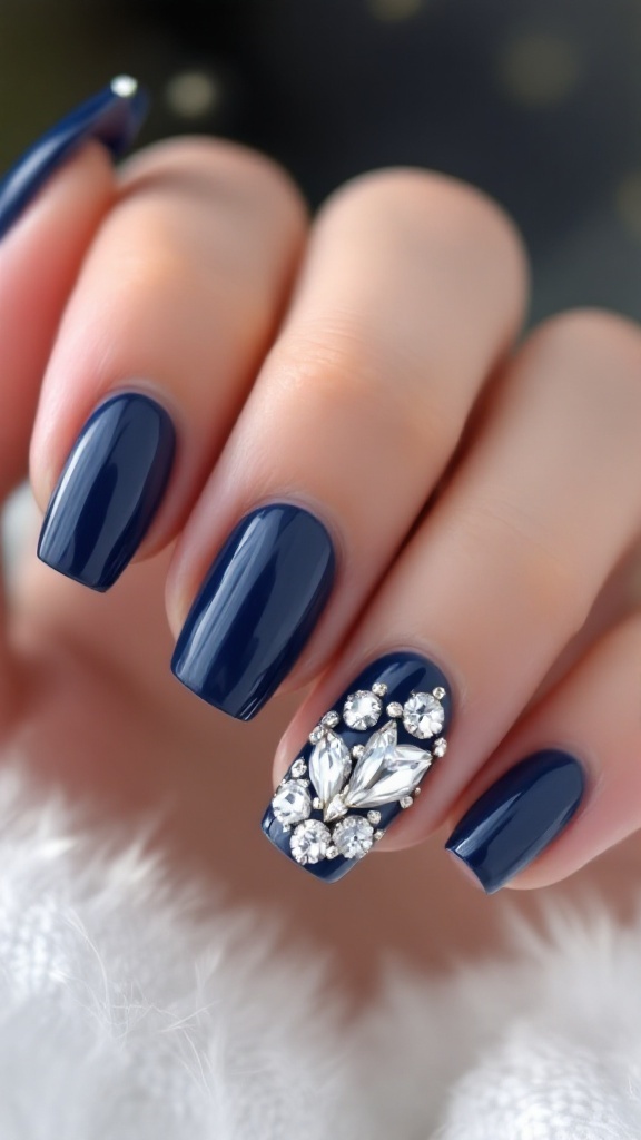 Navy nails with jewel accents