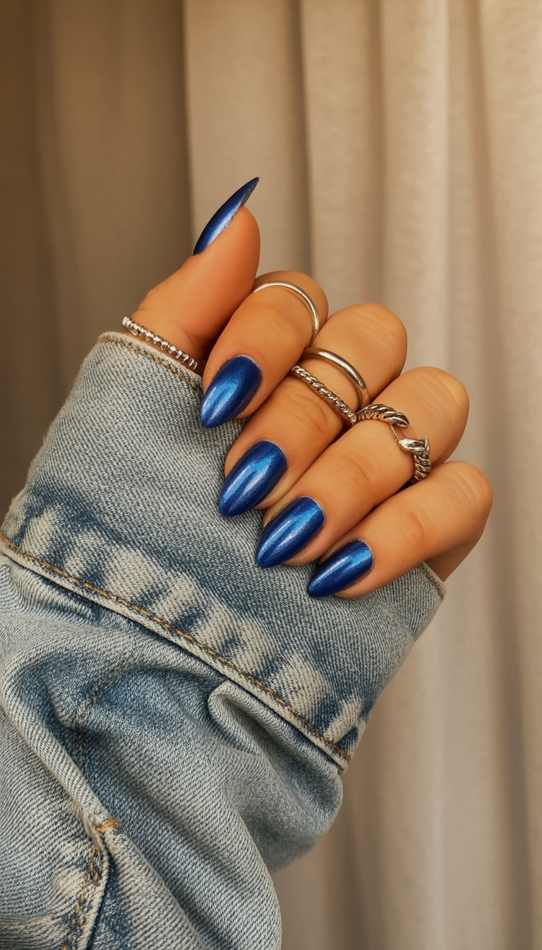 Metallic sapphire blue almond nails