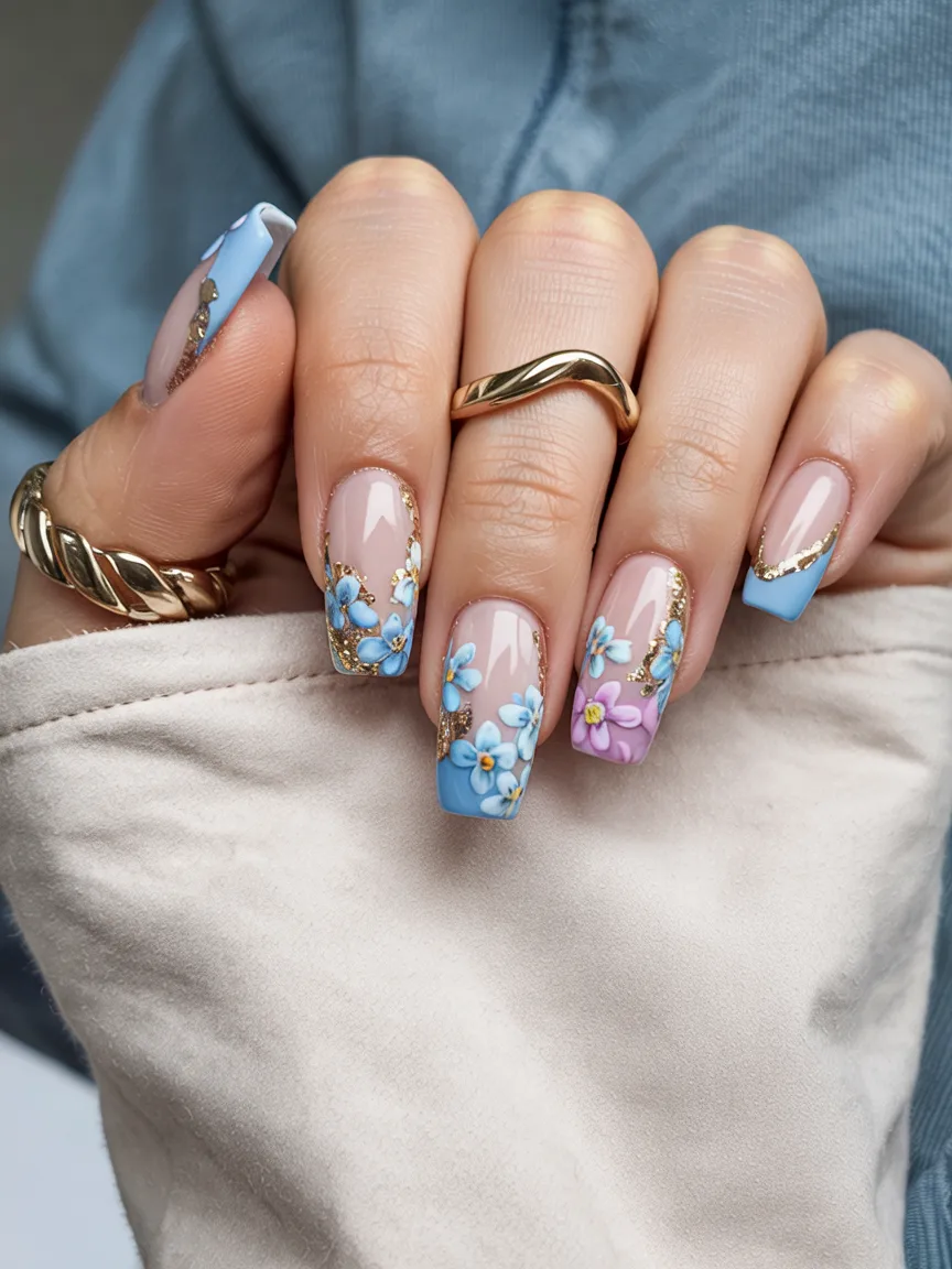 Textured blue blossom nail art on square nails