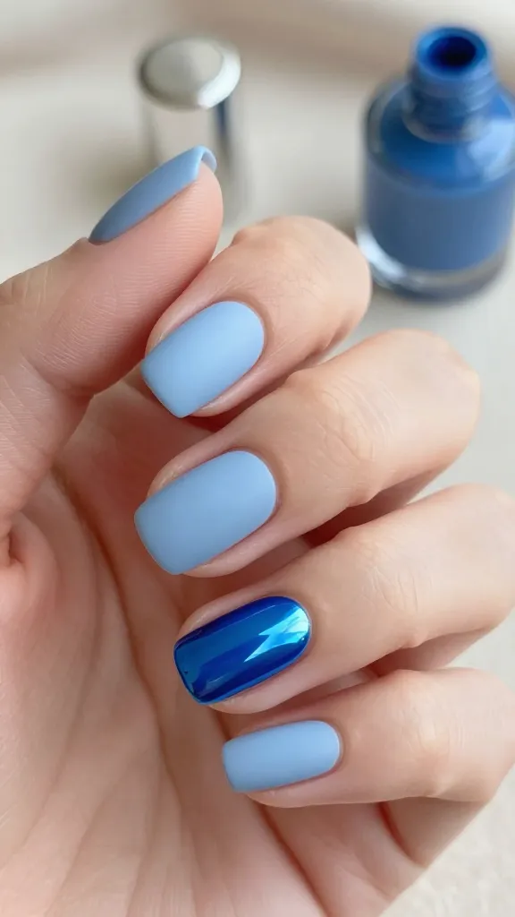 Matte blue nails with metallic accent on short square nails