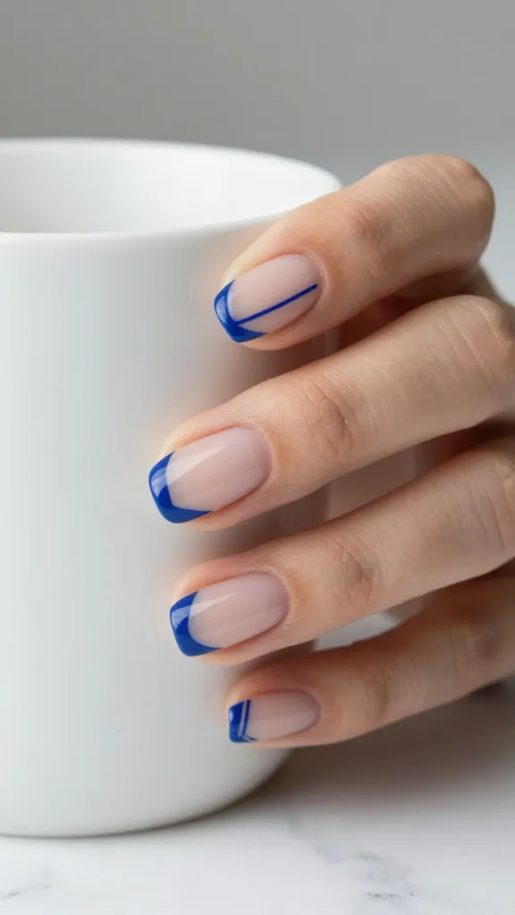 Modern blue French line on short square nails