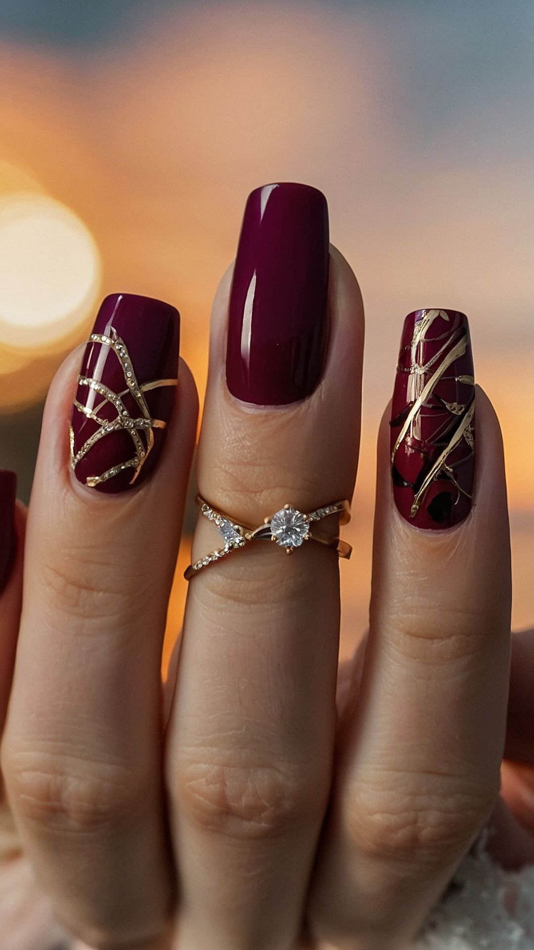 Burgundy nails with gold line art design
