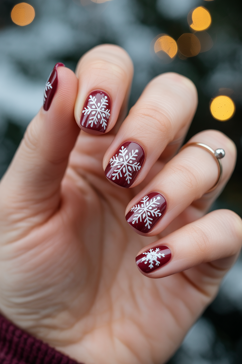 Burgundy nails with white snowflake art