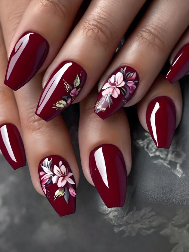 Burgundy nails with floral design