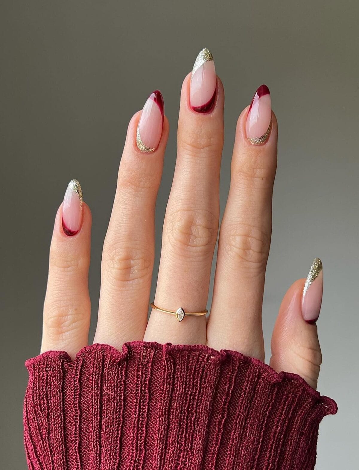 Burgundy nails with French twist and glitter tips
