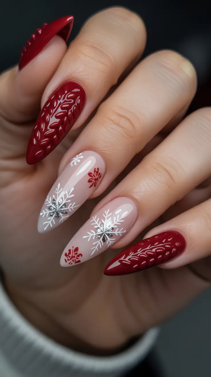 Burgundy stiletto nails with snowflake designs