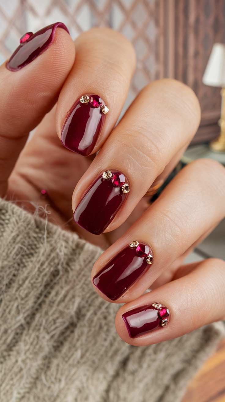 Burgundy square nails with gem embellishments