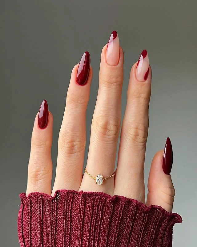 Burgundy French fade almond nails