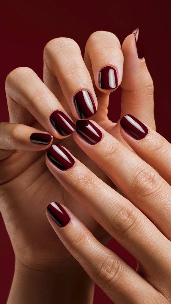 Glossy burgundy nails on short squoval shape