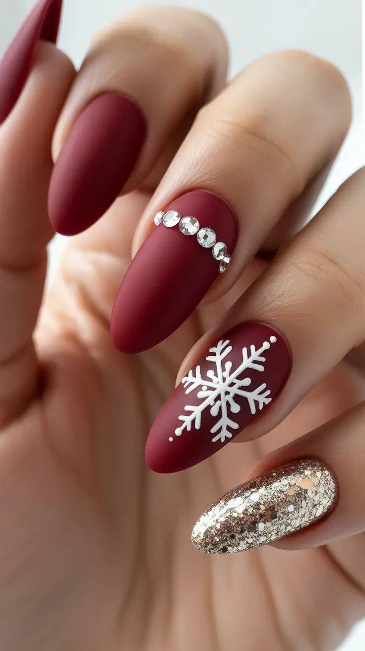 Matte burgundy nails with gold glitter and snowflake design