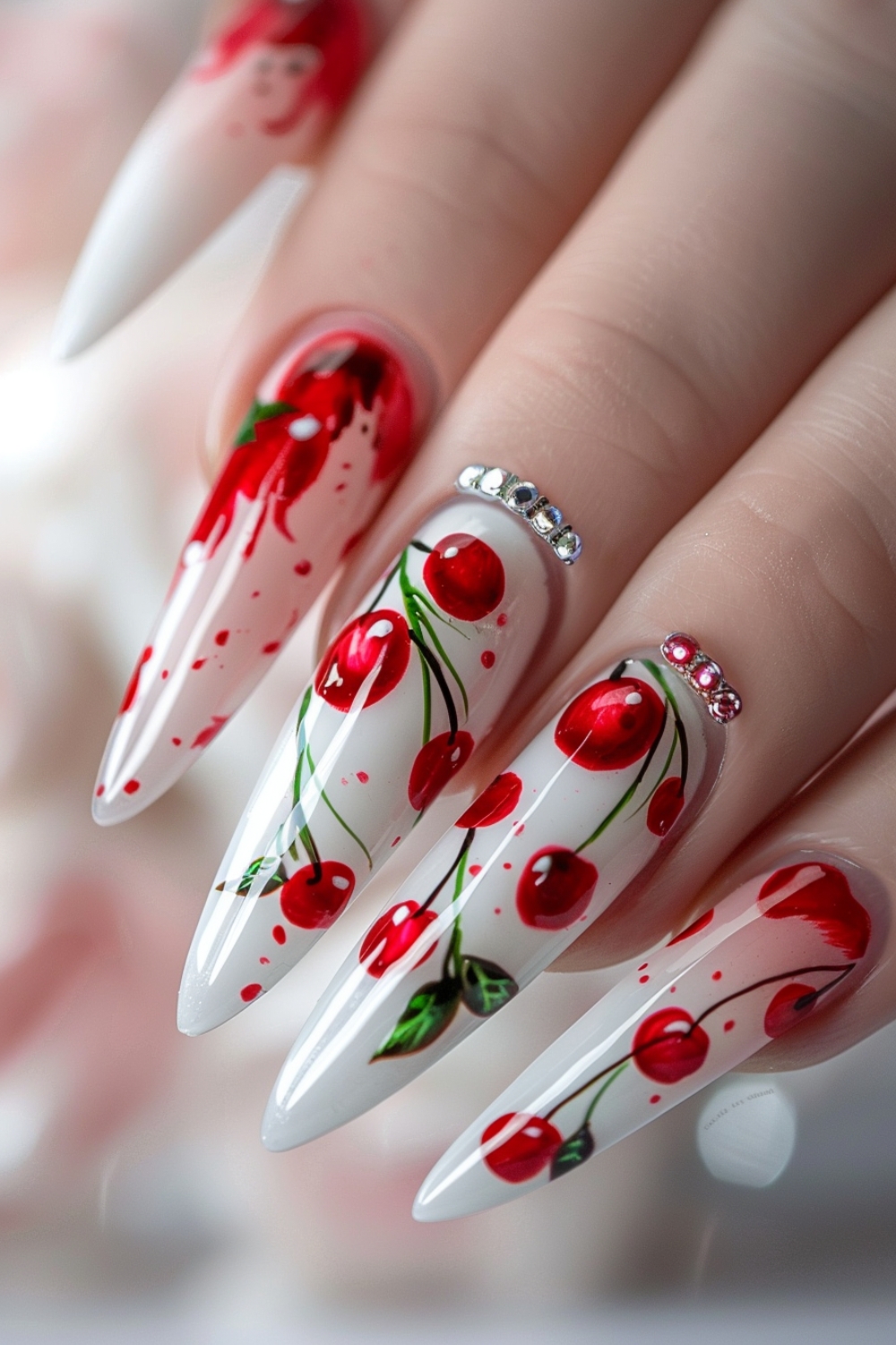 Cherry nail art with detailed designs