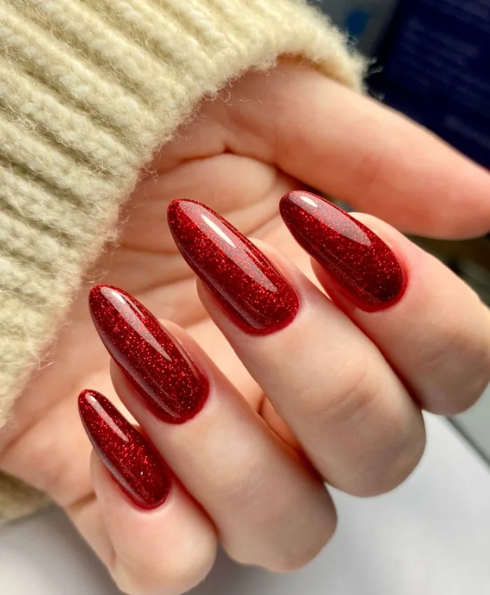 Sparkling cherry red stiletto nails