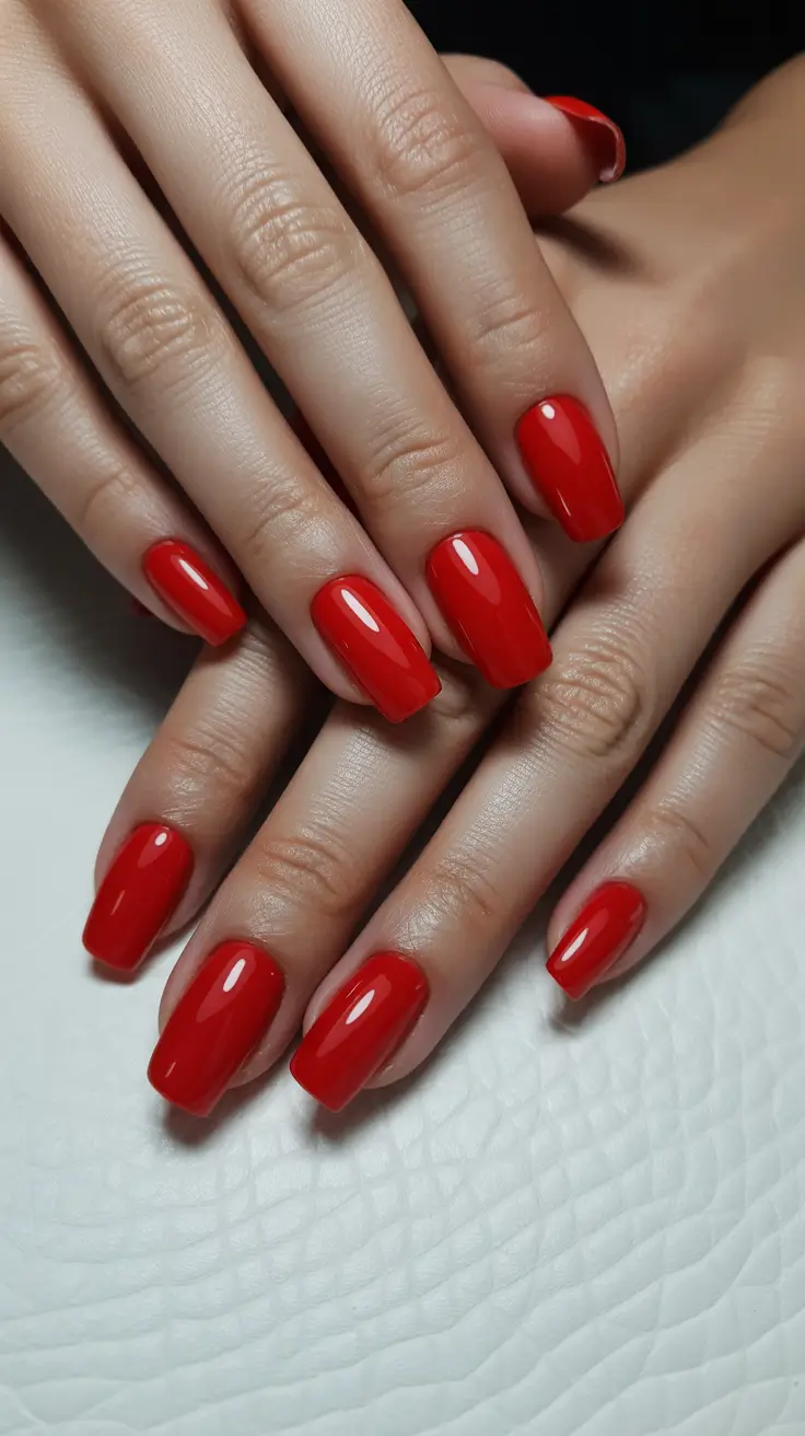 Cherry red square nails with glossy finish