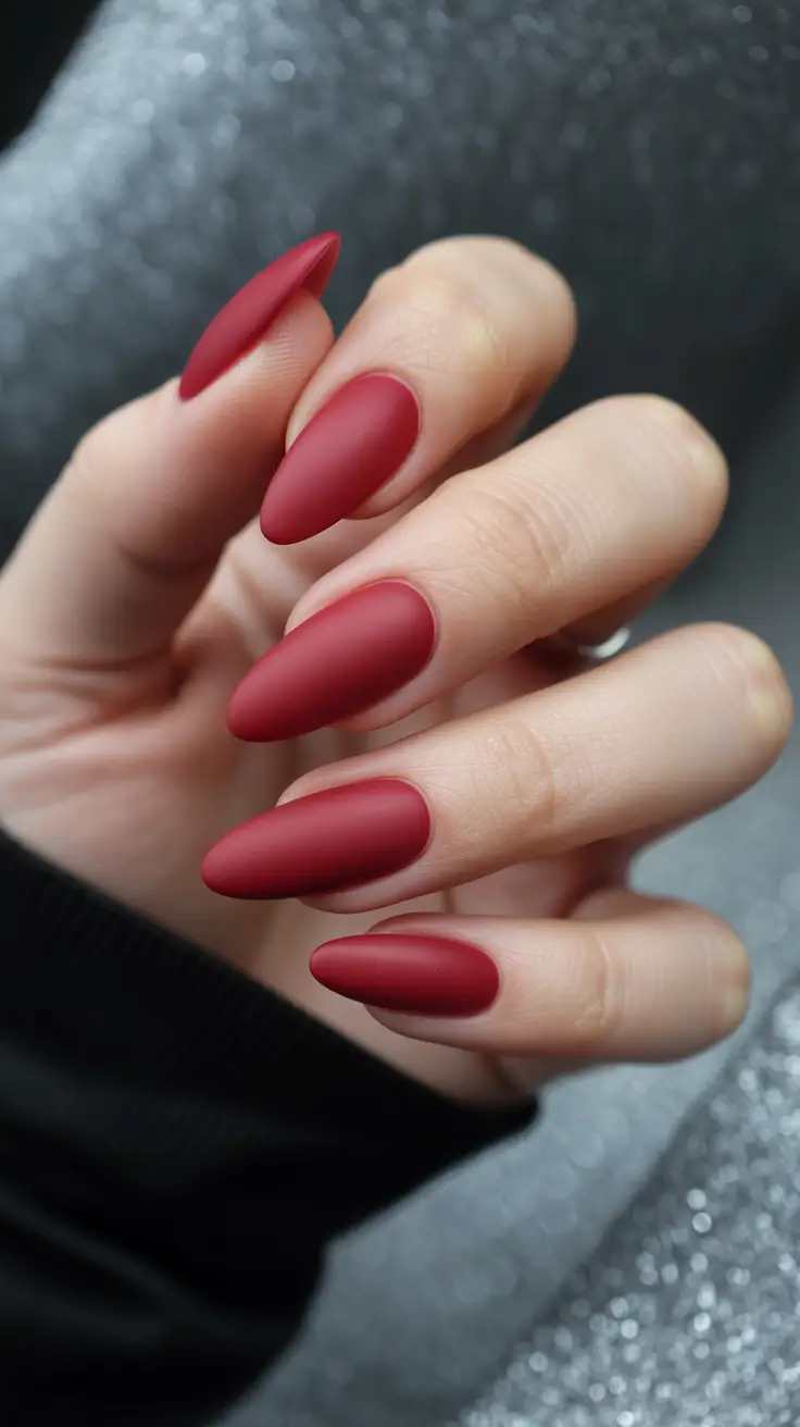 Matte cherry almond nails with bold color