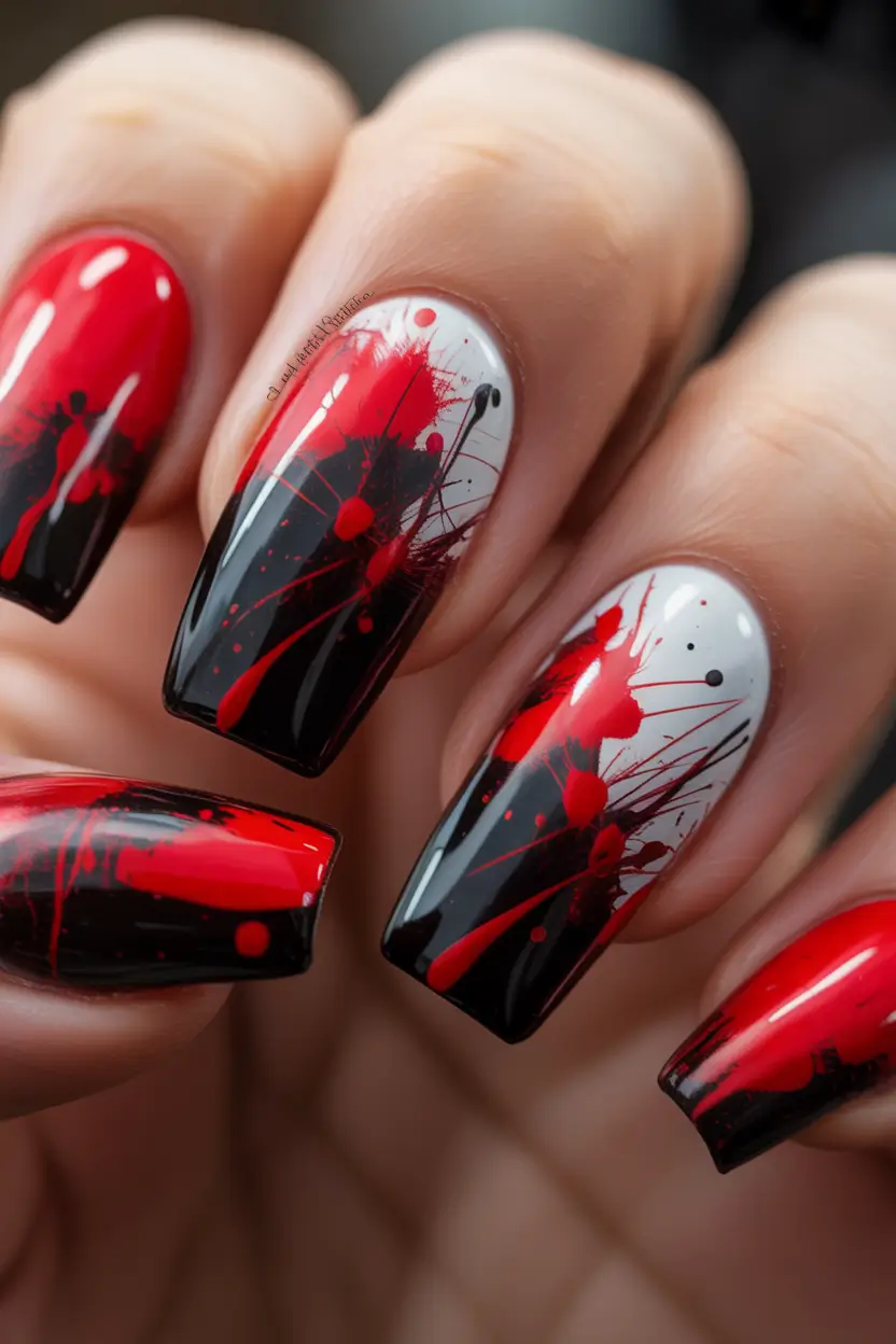 Splattered cherry red nail art