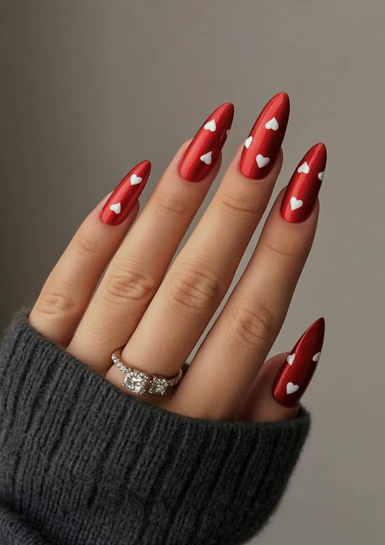Cherry nails with white heart accents