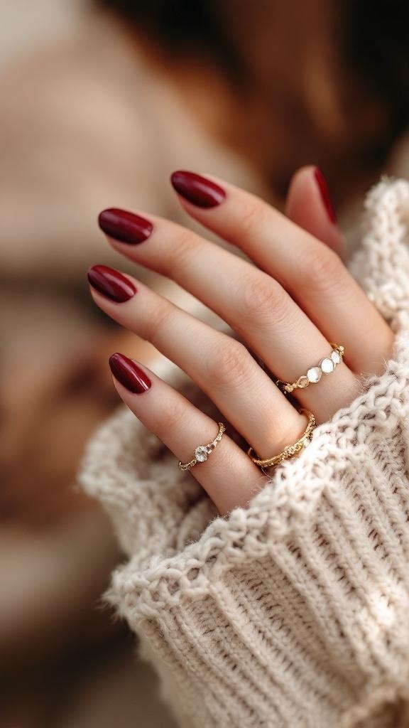 Velvety cherry red nails in almond shape