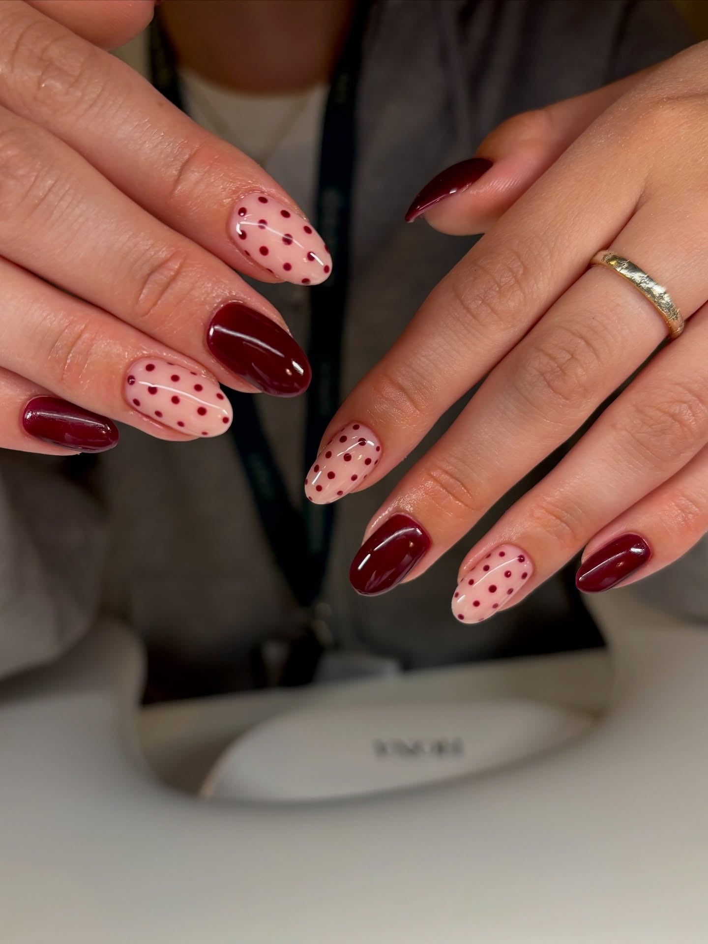 Cherry red and pink polka dot nails