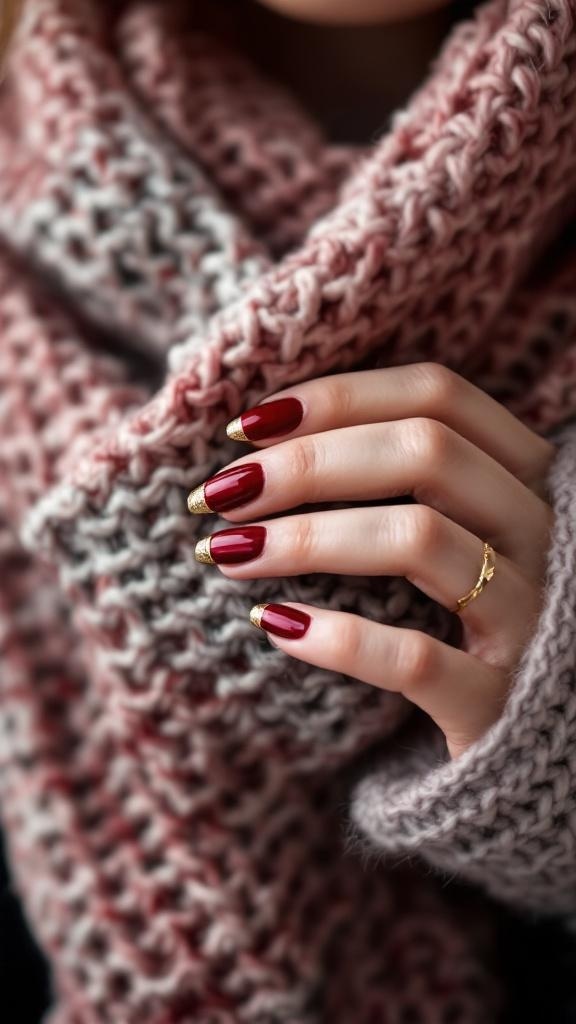 Cherry red nails with gold French tips