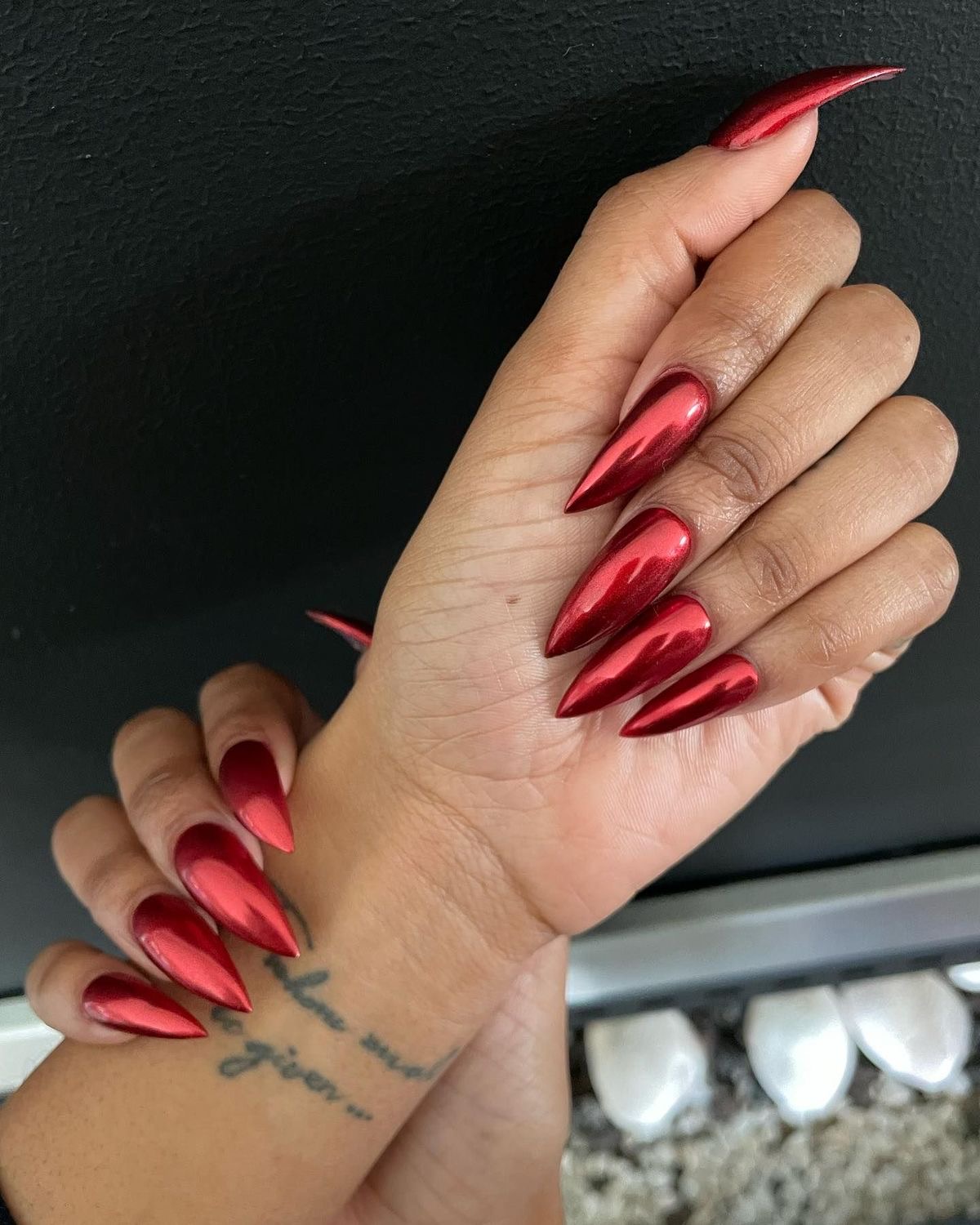 Chrome cherry red stiletto nails