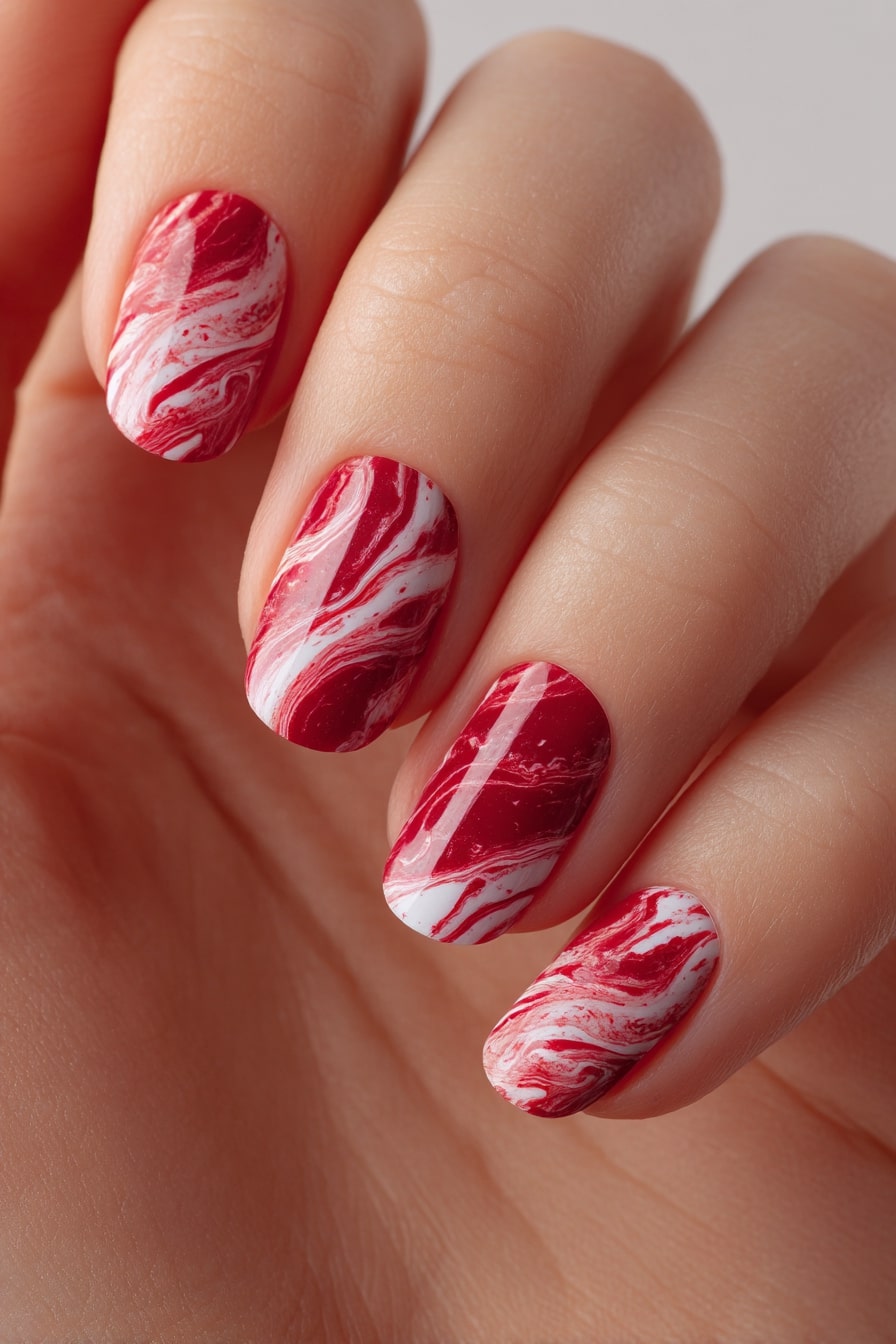 Cherry red marble nails with white swirls