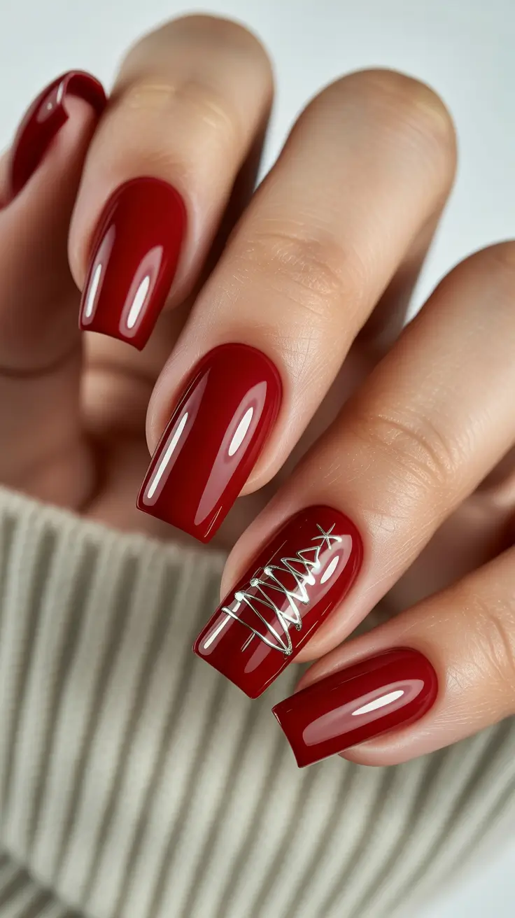 Glossy cherry nails with silver detail