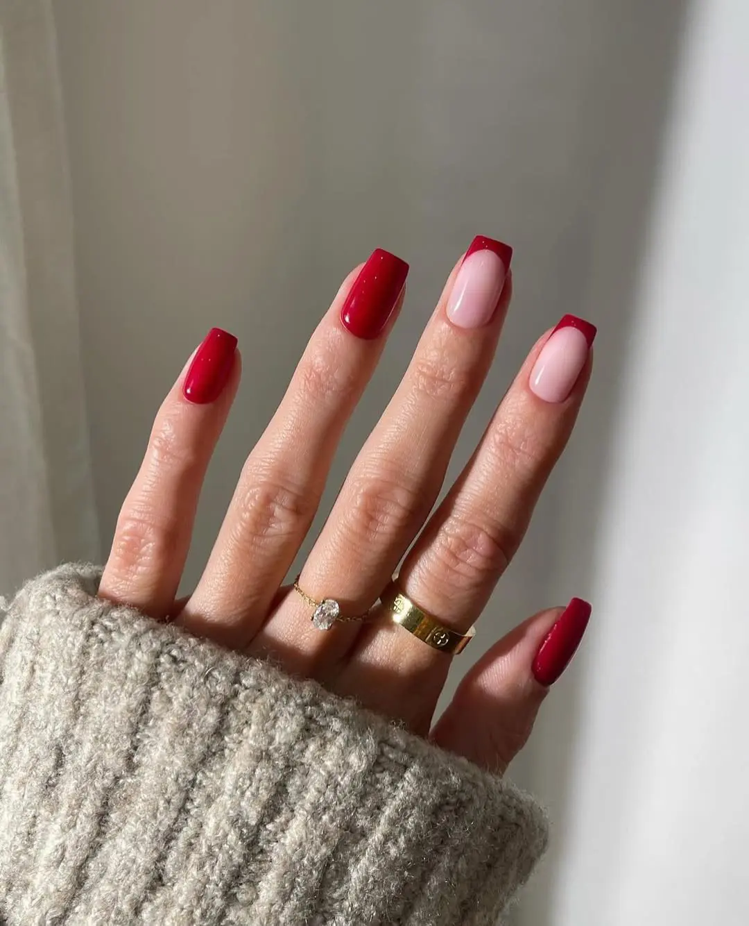 Red French tip nails with nude base