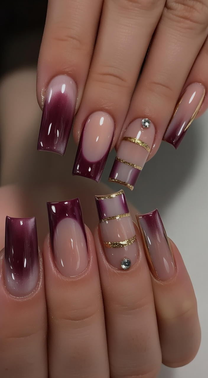 Burgundy and gold gradient coffin nails, Pinterest nail art, luxury nails