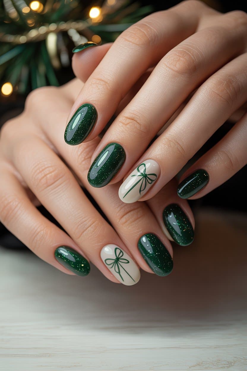 Festive green nails with bow accents, Pinterest nail art, holiday design