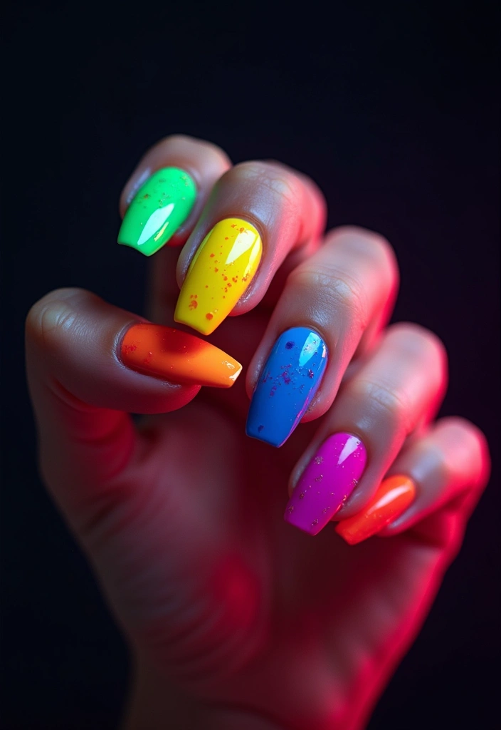 Vibrant neon rainbow nails, Pinterest nail art, bold color