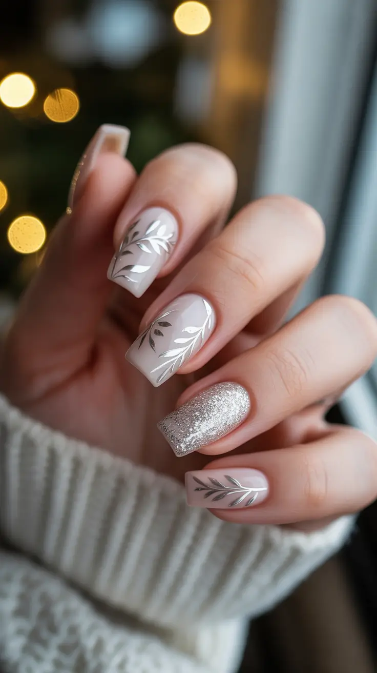Elegant nude nails with leaf details, Pinterest nail art, nature-inspired