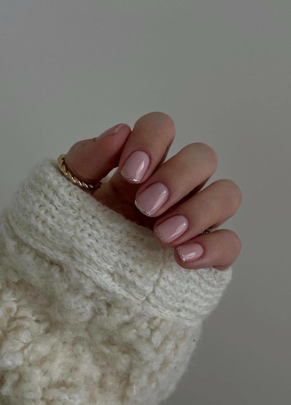 Soft pink with glitter French tips, Pinterest nail art, subtle sparkle