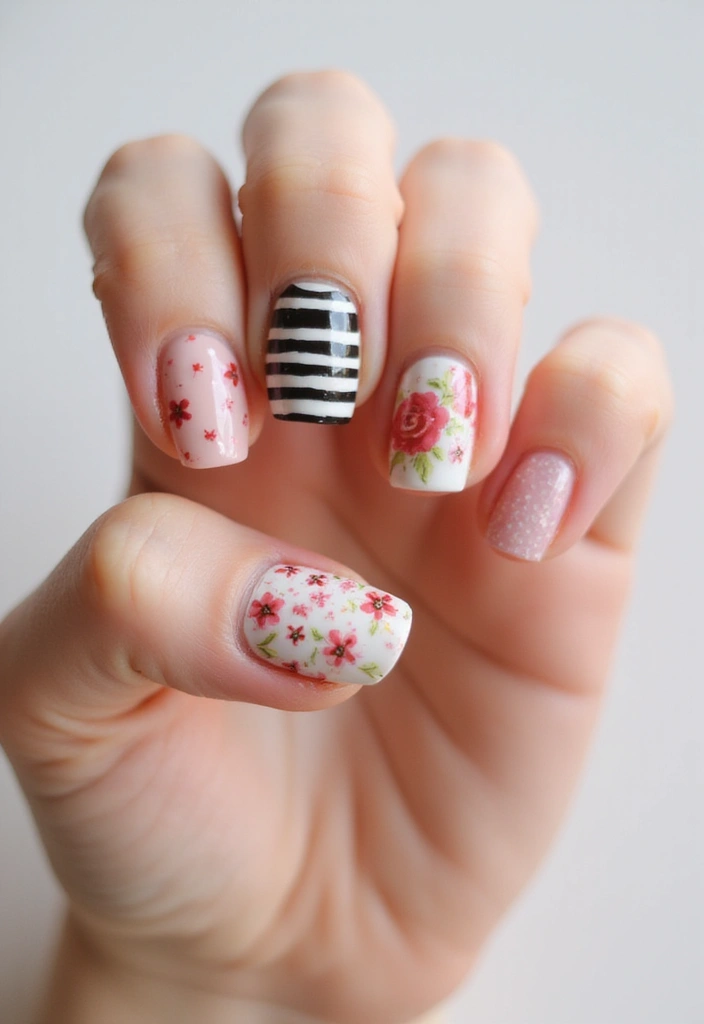 Floral and stripe mix short nails, Pinterest nail art, eclectic design
