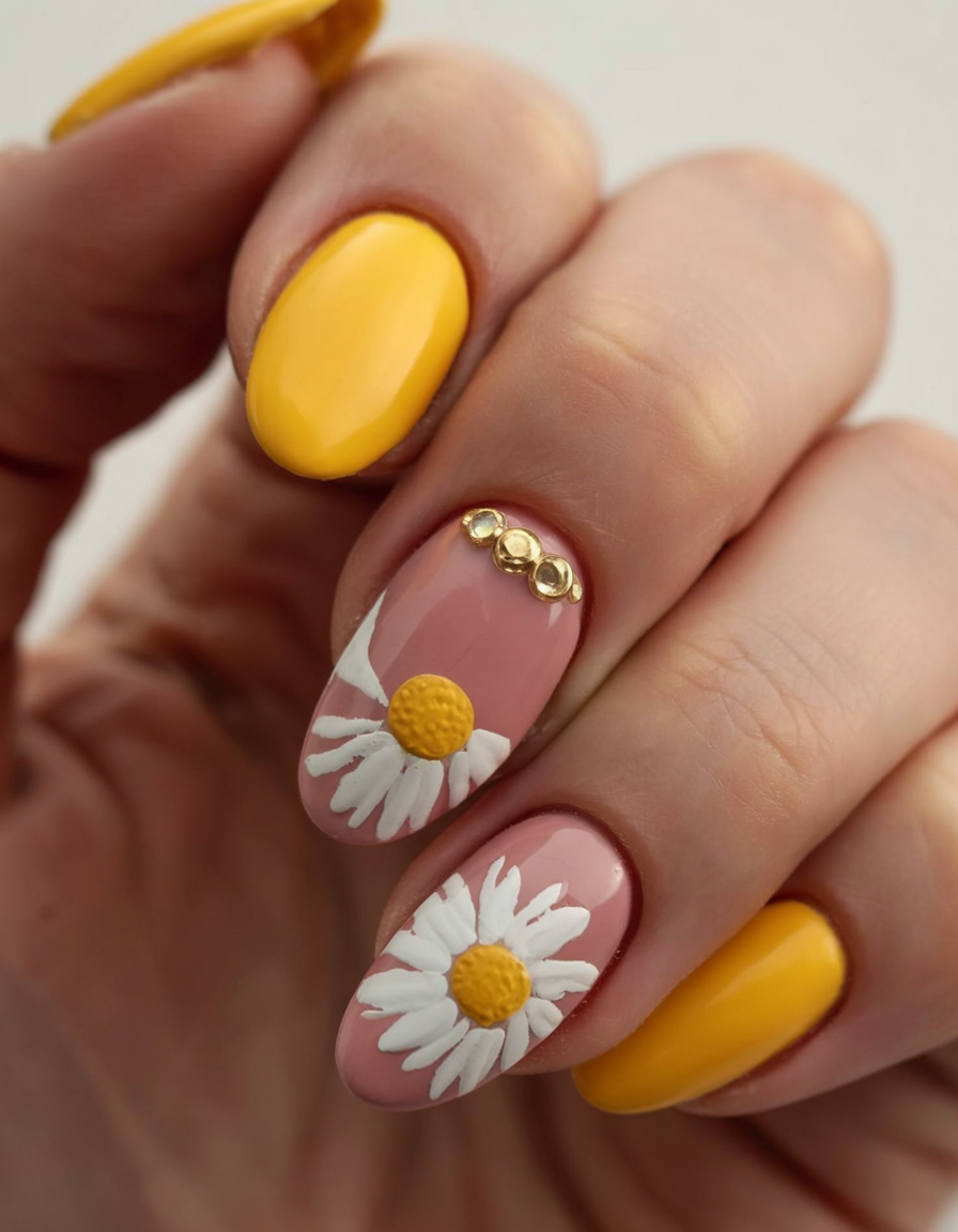 Bold yellow nails with daisy accents, Pinterest nail art, cheerful design