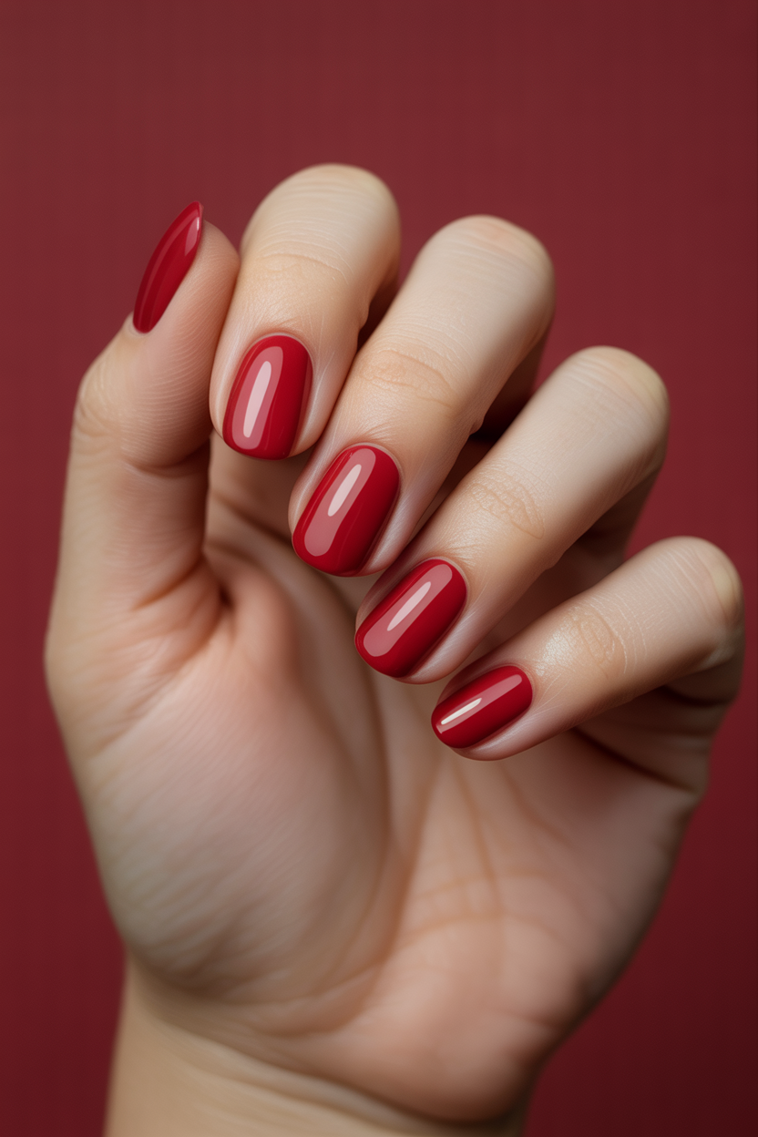 Glossy ruby red short nails, classic manicure.