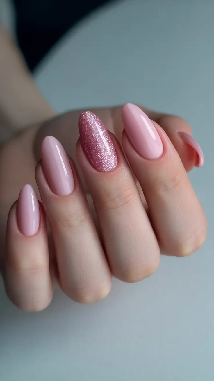 Blush pink nails with glitter accent, feminine style.
