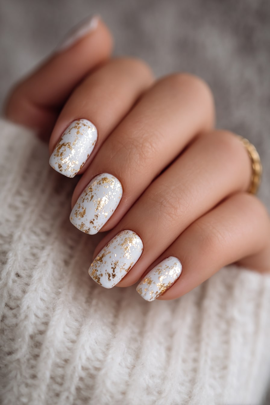 Gold leaf on white nails, chic style.