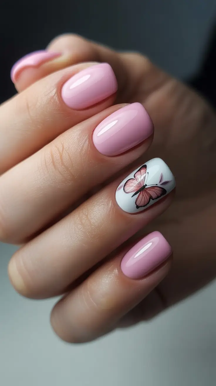 Pink nails with butterfly accent, delicate look.