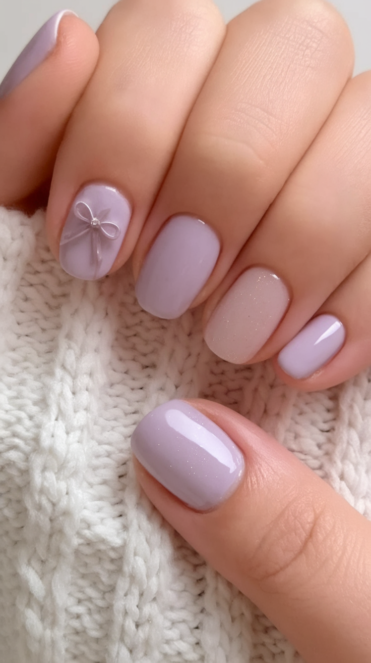 Pale lavender nails with bow accent.