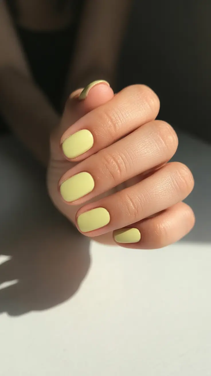 Pastel yellow short nails, cheerful style.