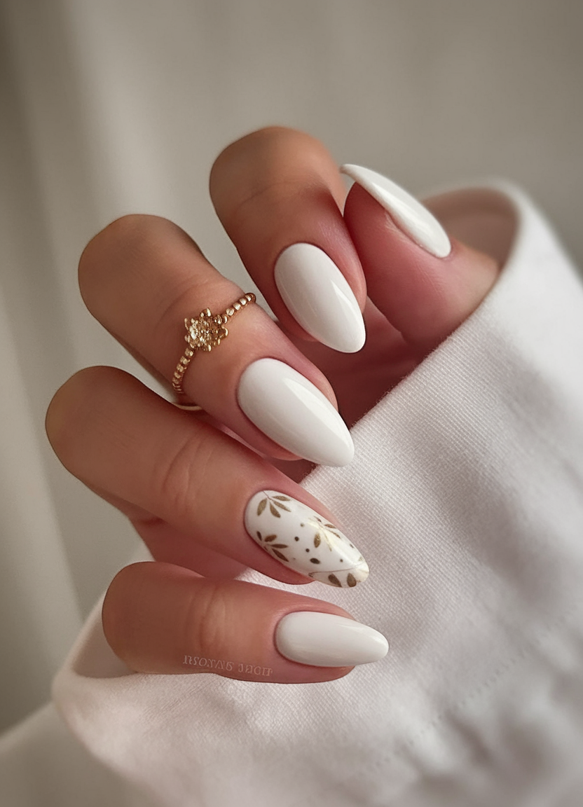 White nails with gold leaf accent on almond shape.