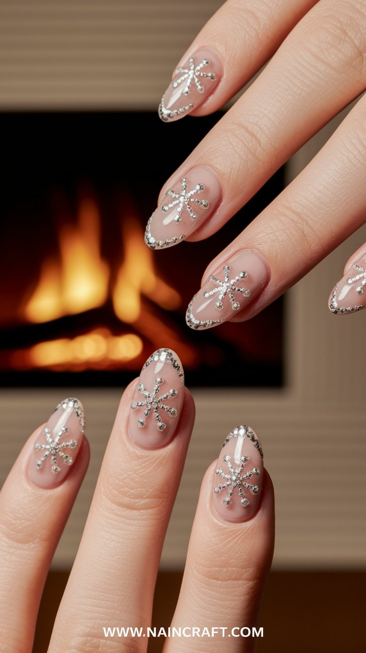 Silver snowflake nail art with a cozy vibe.